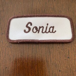 Sonia Name Patch Embroidered White & Brown Sew-On Personalized Uniform Tag
